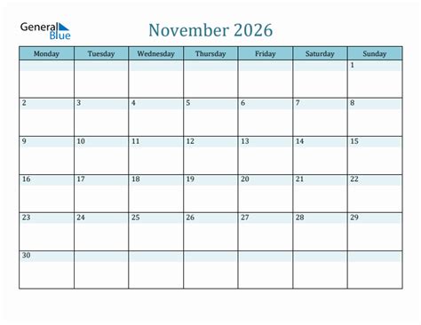 November 2026 Monthly Calendar Template (Monday Start)