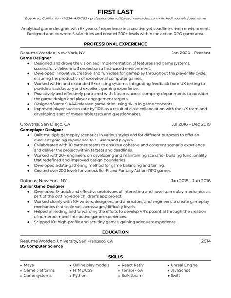 10 Game Design Resume Examples for 2024 | Resume Worded