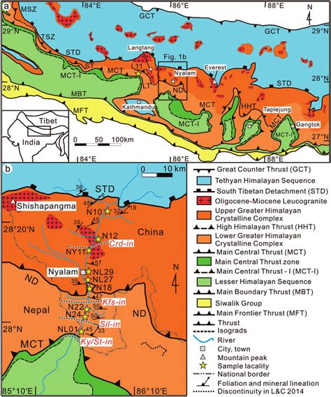 (a) Geological map of the central Himalaya highlighting the ...