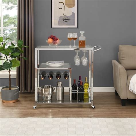 High Quality Chrome Bar Cart Modern with Glass Shelves and Wine Rack ...