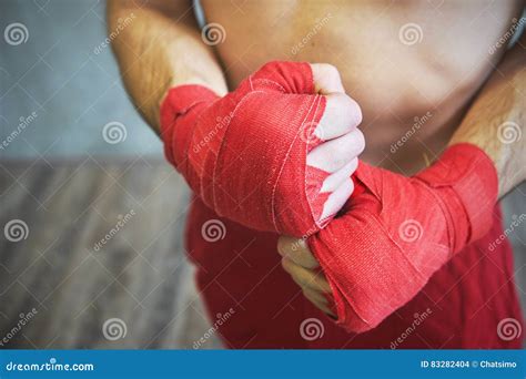 Shot of Wrapped Hands with Red Boxing Tape of Young Boxer Fight Stock ...