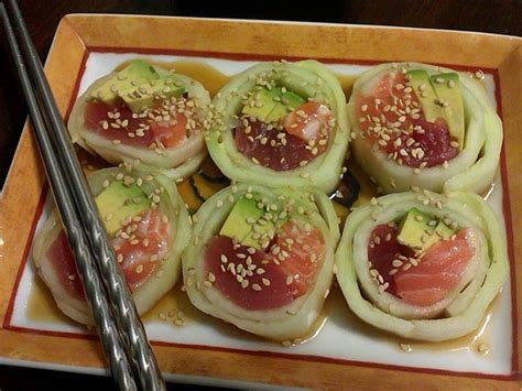 Naruto rolls - for stuffing, use sushi-grade tuna and salmon, and avocado. Top with ponzu sauce ...