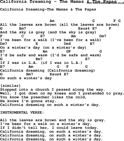 Song California Dreaming by The Mamas & The Papas, song lyric for vocal ...