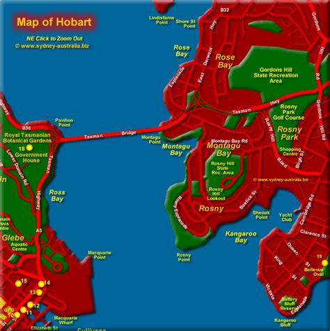 Map of Hobart showing tourist places - Tourism Info