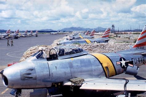 F-86 Sabres on the ramp at K-14 (Kimpo Air Base), Korea, 1952. The ...