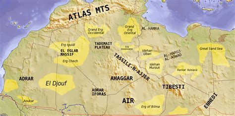 Map of major Dune seas (ergs) and Mountain ranges of the Sahara. Red ...