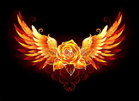 Fire Rose with Wings on Black Background Stock Vector - Illustration of ...