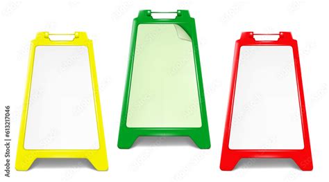 Sandwich board front view, color vector mockup set. Blank A-frame advertising display sign mock ...