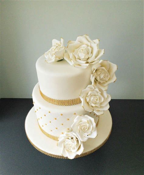 Golden Wedding Two Tier Cake with White and Gold Roses