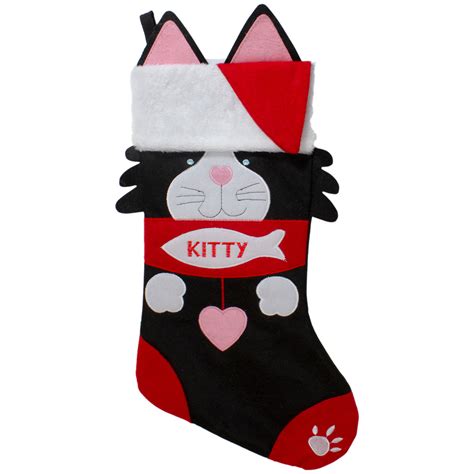 19.5" Black, Red & White Embroidered Kitty Cat Christmas Stocking ...