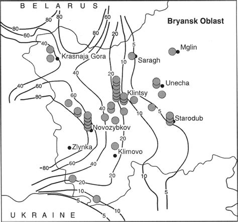 Map of the most highly contaminated region of Bryansk Oblast, showing ...