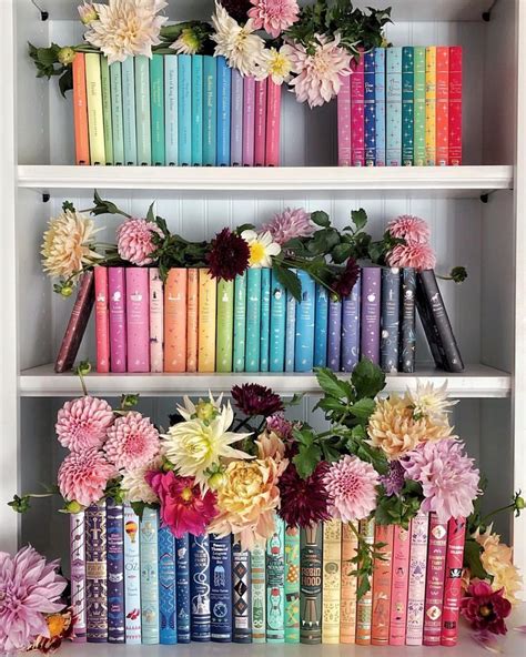 Rainbow bookshelf with Dahlias | Bookshelf inspiration, Diy book ...