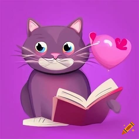 Cartoon cat reading a book with a heart on Craiyon