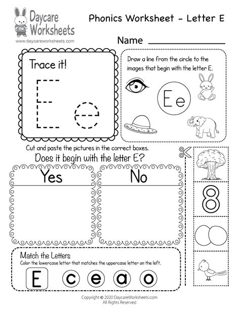 Free Beginning Sounds Letter E Phonics Worksheet for Preschool