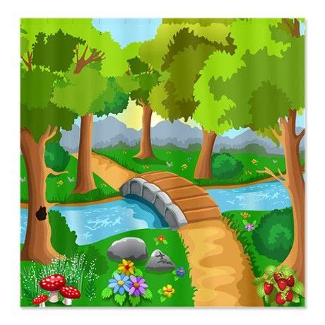 a painting of a bridge over a river in the woods with flowers and trees around it