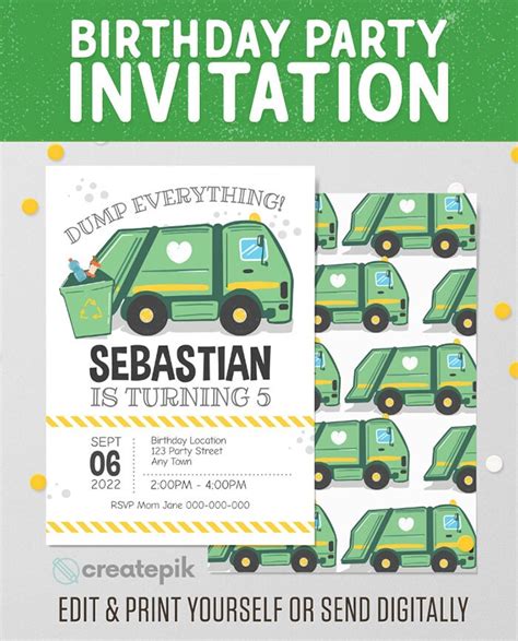 Garbage Truck Party Invite Garbage Truck Birthday Invite - Etsy