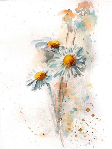 Daisies Original watercolor painting, daisy flowers botanical watercolour painting, white ...