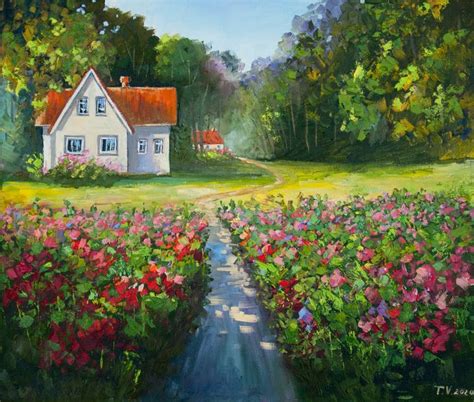 Flowers in garden. Oil painting. Rural landscape. Painting by Tetyana ...