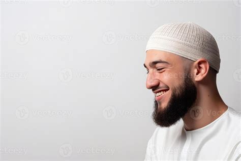 Muslim man with beard wearing white kufi. 26489245 Stock Photo at Vecteezy