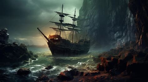 Premium AI Image | Haunted shipwreck on a rocky shoreline