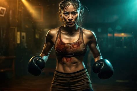 Premium AI Image | Women in sport full body boxing wide angle lens ...