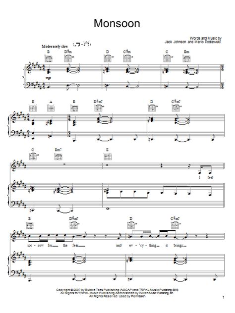 Monsoon Sheet Music | Jack Johnson | Piano, Vocal & Guitar Chords (Right-Hand Melody)