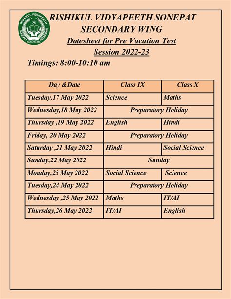 Datesheet for Pre Vacation Exam Session 2022-23 | Rishikul Vidyapeeth