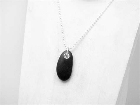 Black Beach Stone Jewelry River Rock Necklace Sterling Silver Riveted Zen Stone Pebble Necklace ...