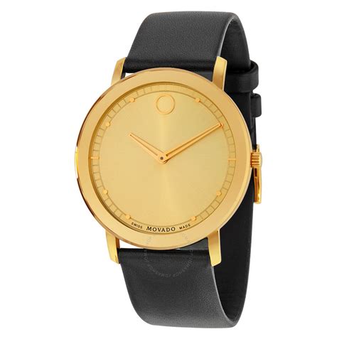 Movado Sapphire Gold Dial Black Leather Watch 0606883 885997141840 - Watches, Sapphire - Jomashop