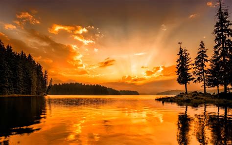 Serene Sunset: HD Wallpaper of an Orange Lake Landscape