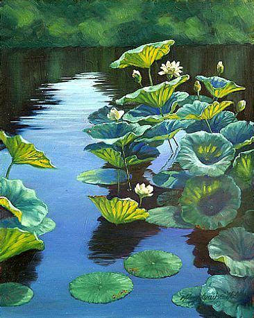 paintings of lotus flowers | White lotus flowers and leaves on a pond ...