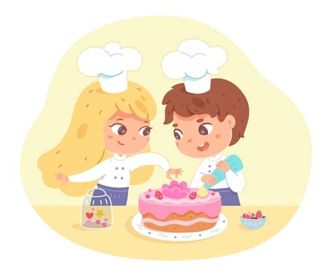 Free Vector | Kids making cake at home Little girl and boy in hat and ...