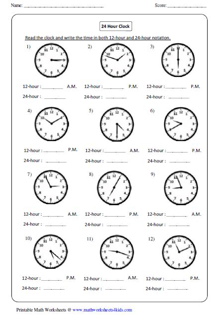 12 Hour Clock To 24 Hour Clock Worksheets