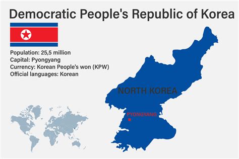 Highly detailed North Korea map with flag, capital and small map of the ...