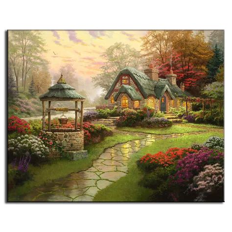 1 PCS Landscape Prints on Canvas Painting Pastoral Rainy Garden with Warm House Wall Art Picture ...