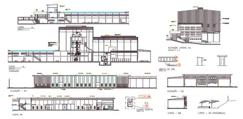 AutoCAD drawing of chemical industrial building section drawing and elevation design that shows ...