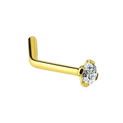 14K Gold L Shaped Nose Ring 20g with Clear Genuine Diamond - Walmart.com