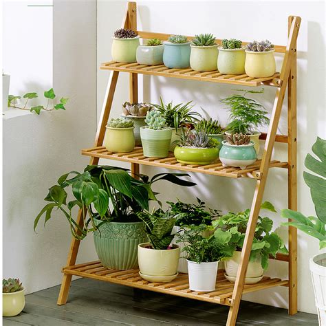 Garden Yard Bamboo Plant Stand Folding 3 Tier Hanging Multi Flower ...