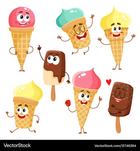 Funny ice cream characters cones popsicles Vector Image