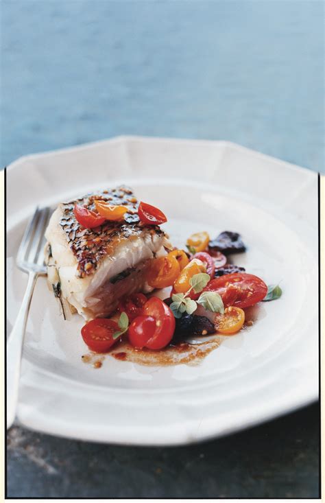 Roasted Black Sea Bass with Tomato and Olive Salad recipe | Epicurious.com