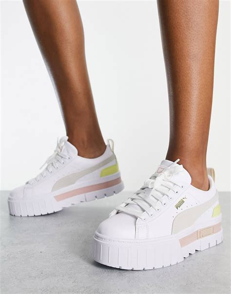 Puma Mayze platform trainers in white and pink | ASOS | Puma sneakers ...