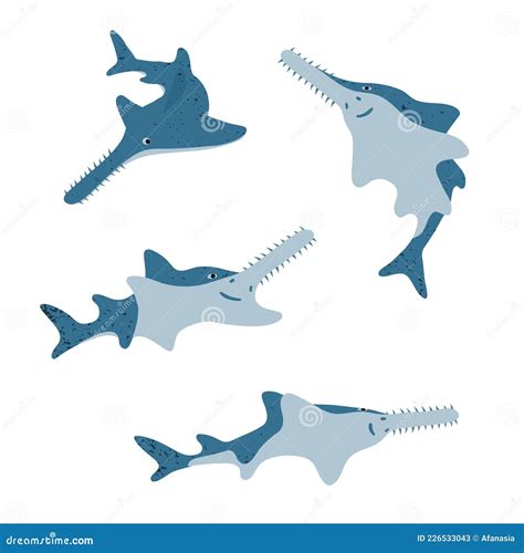 Set Of Cute Cartoon Sawfish. Vector Sea Fish Illustration | CartoonDealer.com #226533043