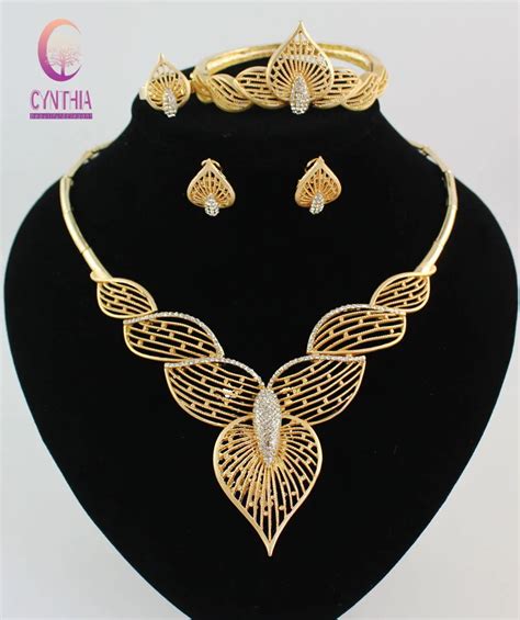 Fashion Gold color Crystal Leave Shape Luxury Dubai Necklace Earring ...