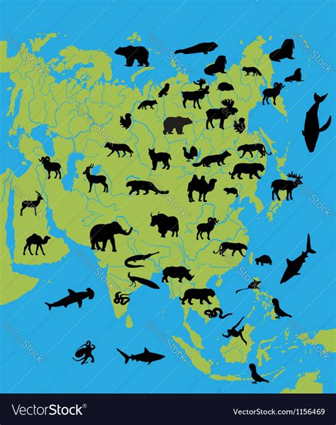 Animals on the map of Asia Royalty Free Vector Image