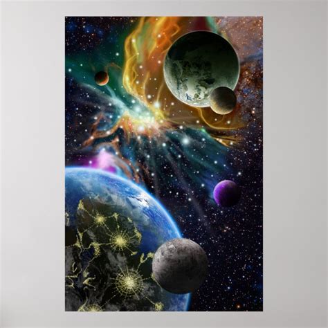 Outer Space art with Planets and Colorful Nebula Poster | Zazzle