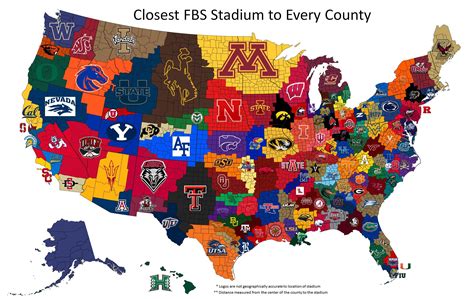 Closest FBS Stadium to Every County in the U.S.A [OC] [2747x1738] : r/MapPorn