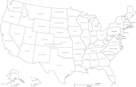 United States Black & White Map with State Areas and State Names