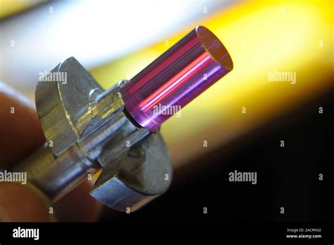 First laser. Close-up of the solid-state laser invented by the American physicist Theodore ...