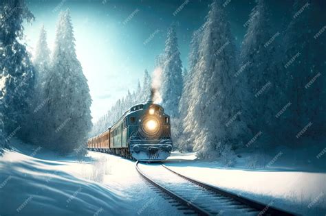 Premium Photo | Snow railway in forest and polar express train