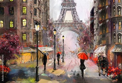 oil painting on canvas, street view of Paris. Artwork. eiffel tower ...